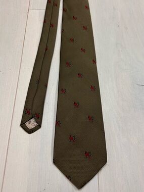 Olive Green Men's Tie with Embroidered Red Cardinals